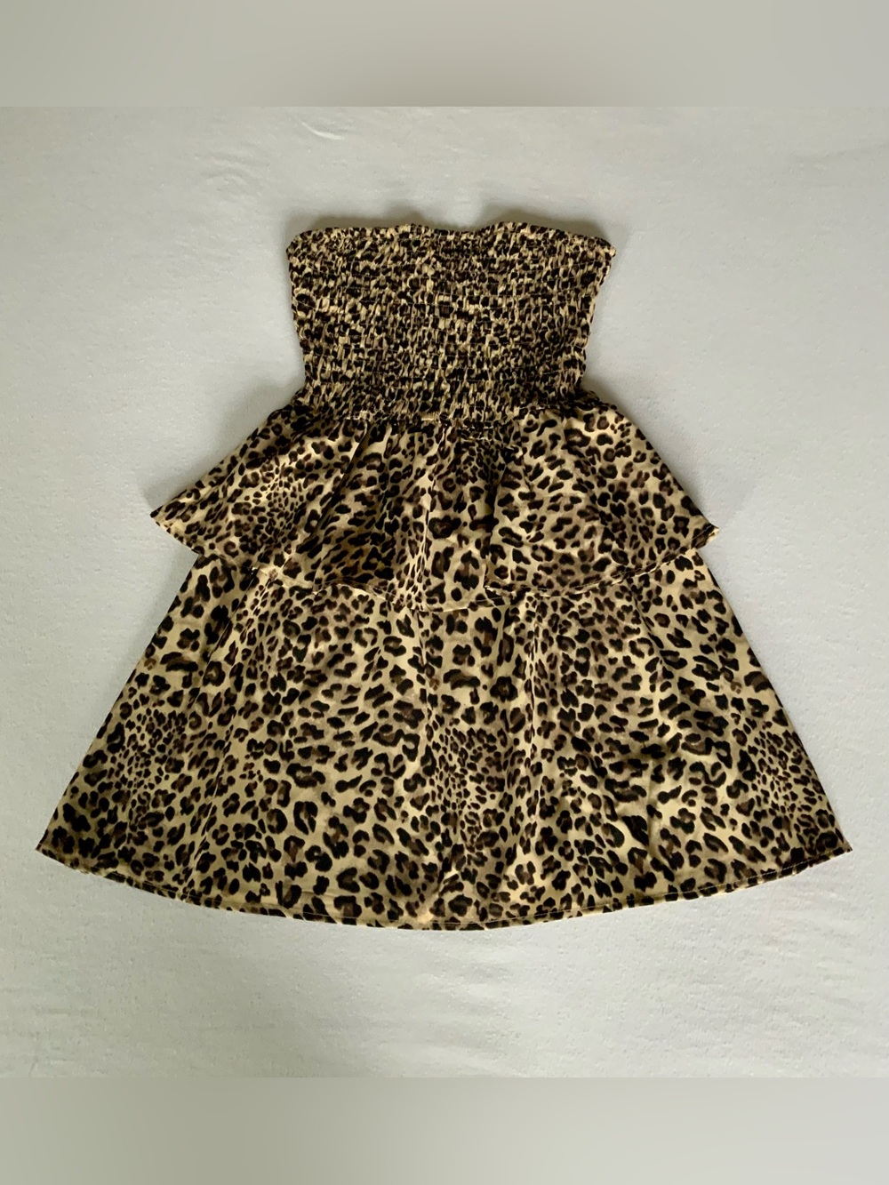 ROMWE Leopard Print Strapless Smocked Tiered Mini Dress Size S NWT